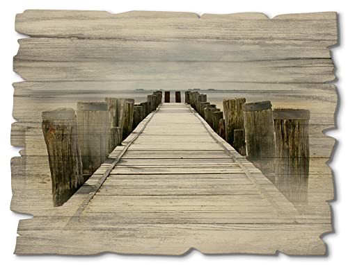 ARTland Wanddeko Bild aus Holz Holzbild vintage Deko 40x30 cm Querformat Strand Steg Küste Meer Watt Nordsee Maritim T9NK von ARTLAND