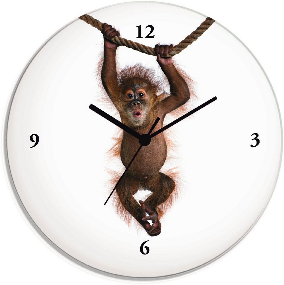 Artland Wanduhr Baby Sumatra Orang Utan hängt an Seil (wahlweise mit Quarz- oder Funkuhrwerk, lautlos ohne Tickgeräusche) von Artland