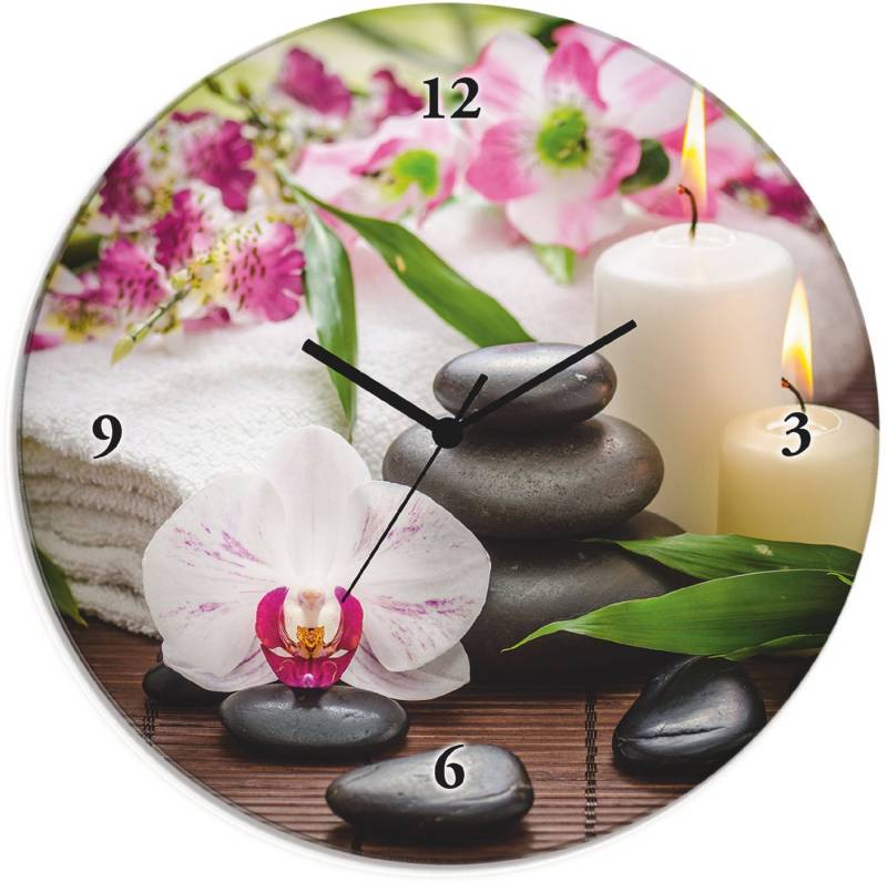 Artland Wanduhr Glasuhr rund Spa Orchideen Bambus Kerze (wahlweise mit Quarz- oder Funkuhrwerk, lautlos ohne Tickgeräusche) von Artland