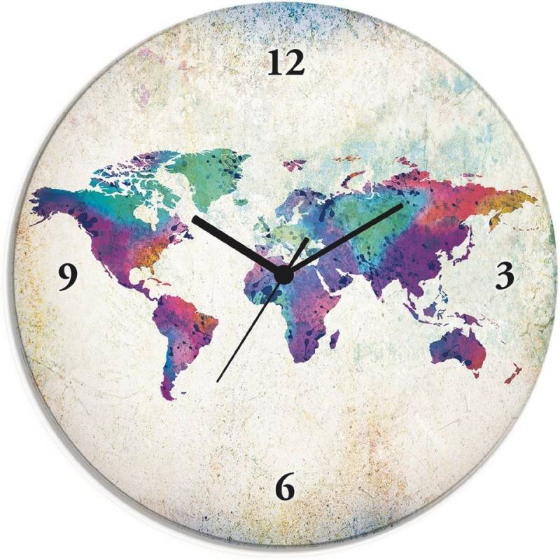 Artland Wanduhr Glasuhr rund bunte Weltkarte (wahlweise mit Quarz- oder Funkuhrwerk, lautlos ohne Tickgeräusche) von Artland