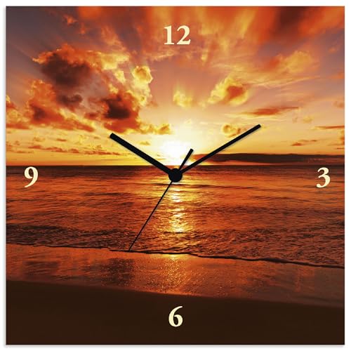 ARTLAND Wanduhr ohne Tickgeräusche Leinwand Quarzuhr 30x30 cm Quadratisch Lautlos Strand Meer Sonnenuntergang Natur Sonne T5MR von ARTLAND