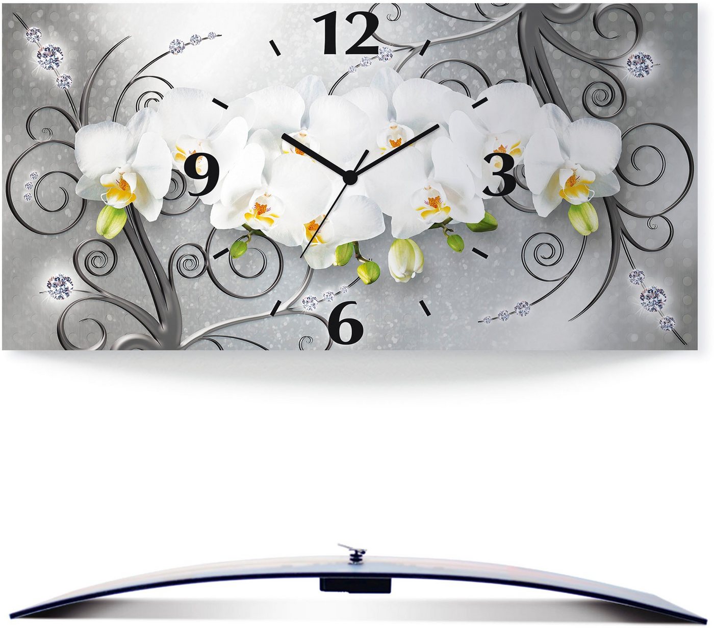 Artland Wanduhr weiße Orchideen auf Ornamenten (3D Optik gebogen, mit Quarz- oder Funkuhrwerk, versch. Größen) von Artland