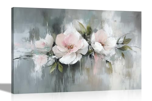 Artley Prints - Abstrakte rosa und weiße Blumen auf grauem Hintergrund, Leinwand-Kunstbilder für Wohnzimmer, Schlafzimmer, Flur, Drucke groß 86 x 61 cm (34 x 24 Zoll) A1 von Artley Prints