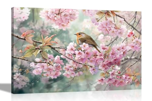 Artley Prints Aquarellgemälde mit Waldvogel auf rosa Baum, Kunstdruck auf Leinwand, Wandkunst für Wohnzimmer, Dekorbilder, fertig zum Aufhängen, extra groß, 101 x 76 cm (40 x 30 Zoll) von Artley Prints