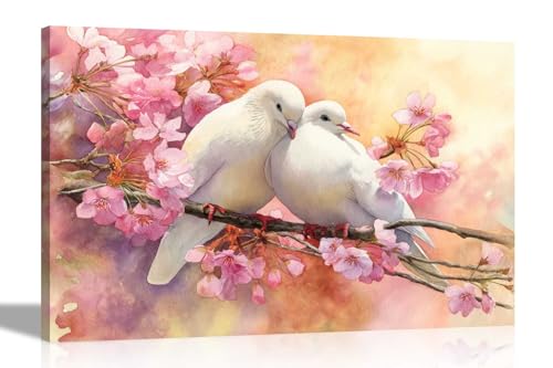 Artley Prints Aquarellgemälde mit weißen Vögeln auf rosa Baum, Kunstdrucke, Heimdekoration, Büro, Schlafzimmer, 51 x 35 cm von Artley Prints