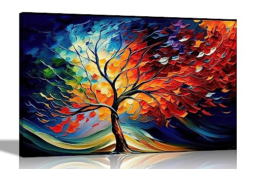 Artley Prints Kunstdruck auf Leinwand, Motiv: Bunter Baum des Lebens im Wind, abstrakte Bilder, gerahmt und fertig zum Aufhängen, für Wohnzimmer, 40 x 30 cm, A3 von Artley Prints