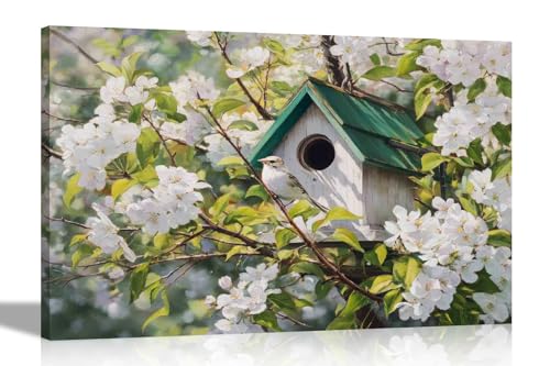 Artley Prints Gerahmte Leinwandbilder, Vogelhaus und Vogel auf Baum, Naturkunstdrucke, Wintergarten, Gartendekoration, fertig zum Aufhängen, extra groß, 101 x 76 cm von Artley Prints