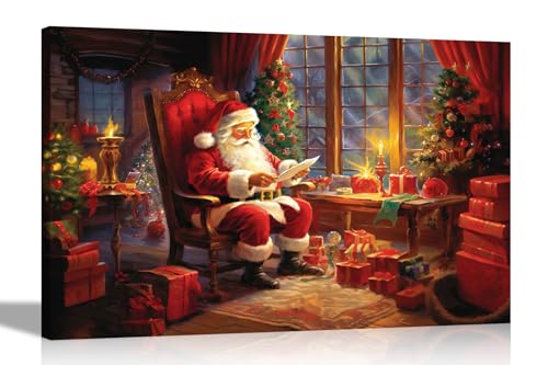 Artley Prints - Happy Santa Opening Letters Leinwand Wandbilder Gerahmte Kunstdrucke zum Aufhängen Weihnachten Bunte Dekor 51 x 35 cm (20 x 14 Zoll) von Artley Prints