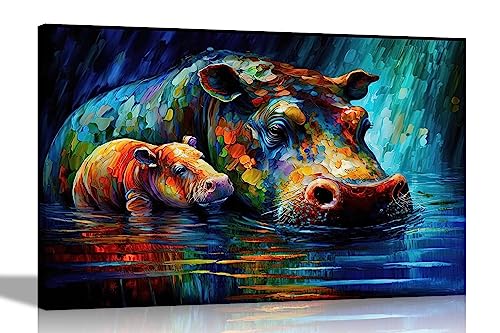 Artley Prints - Hippo im Teich mit Säugling Abstrakt Leinwandbilder für Wohnzimmer Schlafzimmer Flur Küche - Bunte Drucke Groß 76x50cm (30x20inch) von Artley Prints