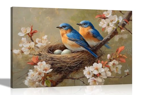 Artley Prints Kunstdruck auf Leinwand, Motiv: blaue Vögel im Nest, weiße Blumen, für Zuhause, Büro, Wintergarten, Garten, zum Aufhängen, groß, 86 x 61 cm, A1 von Artley Prints