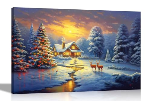 Artley Prints - Landhaus Weihnachtsbäume und Hirsche Leinwand-Kunstdrucke Ölgemälde Nachdruck gerahmt und fertig zum Aufhängen, 76 x 50 cm von Artley Prints