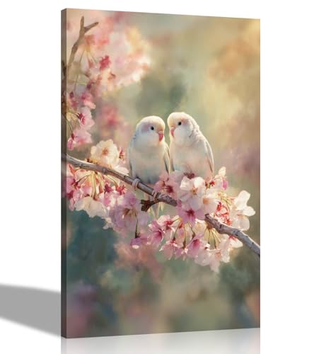 Artley Prints Leinwandbild, Motiv: Wellensittiche auf rosa und weißem Baum, gerahmt, Blumenbilder, zeitgenössischer Druck, fertig zum Aufhängen, Dekor, 30 x 20 cm, A4 von Artley Prints