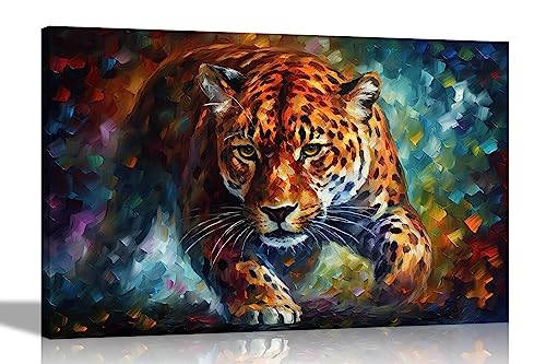 Artley Prints - Leopard auf der Jagd Abstrakte bunte Leinwanddrucke für Schlafzimmer, Wohnzimmer, Küche – Wandkunst Tierbilder zum Aufhängen, groß, 76 x 50 cm von Artley Prints