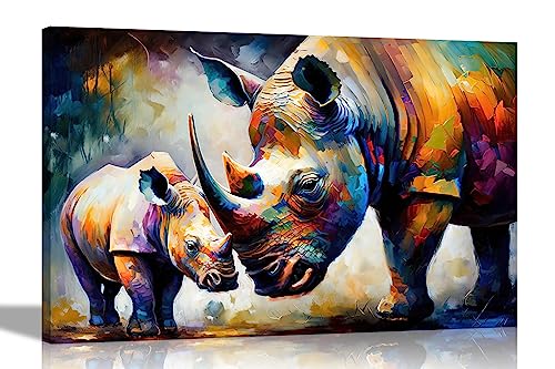 Artley Prints - Loving Nashorn Mama und Kind abstrakte Leinwand Wandkunst für Wohnzimmer, Schlafzimmer, Flur – fertig zum Aufhängen – groß 86 x 61 cm (34 x 24 Zoll) A1 von Artley Prints