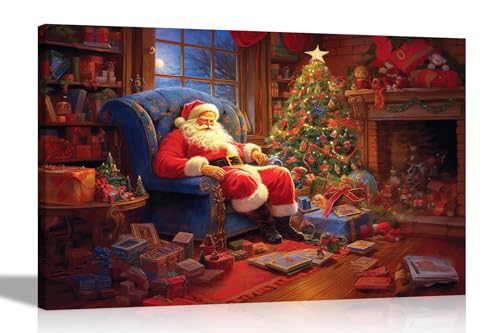 Artley Prints - Müde Santa Snoozing Leinwand Wandkunst Drucke Wohnkultur Weihnachten gerahmte Bilder Bunte Malerei Nachdruck Extra Groß 101 x 76 cm (40 x 30 Zoll) von Artley Prints