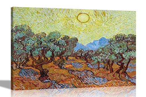 Artley Prints Olivenbäume mit gelbem Himmel und Sonne von Vincent Van Gogh Leinwandbild Bunt gerahmte Bilder L Landschaft Kunstwerk XL 101 x 76 cm von Artley Prints