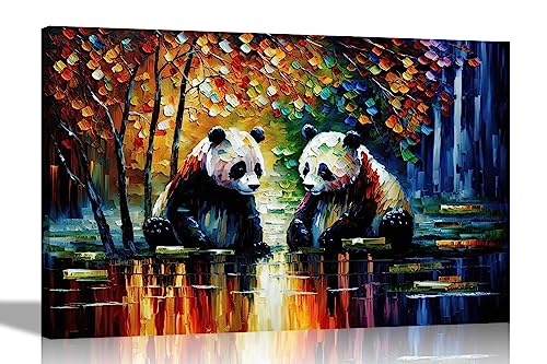 Artley Prints - Pandas sitzen am Teich Bunte Leinwandbilder für Wand | Abstrakte Kunst in Wohnzimmer Schlafzimmer 60x40cm (24x16inch) A2 von Artley Prints