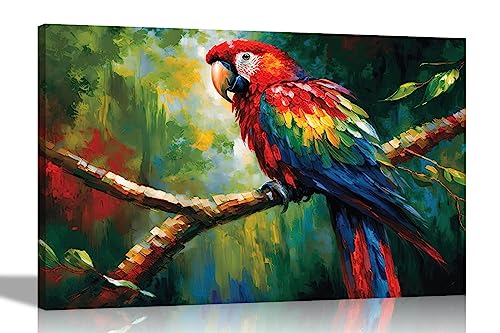 Artley Prints - Papagei im Wald Abstrakte Wandbild Leinwand für Wohnzimmer, Schlafzimmer, Wildtiere, fertig zum Aufhängen, Kunstdrucke, groß, 86 x 61 cm, A1 von Artley Prints