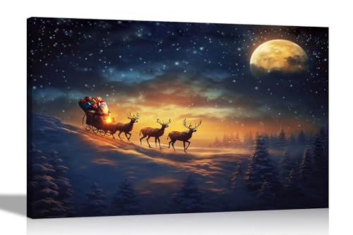 Artley Prints - Weihnachtsmann im Schlitten und Rentiere Landschaft Leinwanddrucke für Wohnzimmer, Büro, Schlafzimmer, Weihnachten, Wandkunst, 51 x 35 cm von Artley Prints