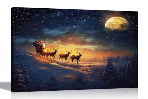 Artley Prints - Weihnachtsmann im Schlitten und Rentiere Landschaft Leinwanddrucke für Wohnzimmer, Büro, Schlafzimmer Weihnachten Wandkunst 76 x 50 cm (30 x 20 Zoll) von Artley Prints