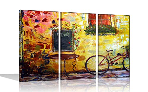 Kunstdruck auf Leinwand, Motiv Café und Fahrrad, Reproduktion, moderne Bilder für Zuhause, Büro, Wohnzimmer, gerahmt, 3-teiliges Kunstwerk, 61 x 30 cm, 3 Stück von Artley Prints