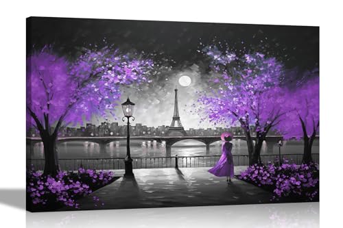 Leinwandbilder Schwarz und Weiß Allein bei Nacht in Paris Lila Groß Abstrakt Leinwandbilder für Wohnzimmer, Schlafzimmer, Flur, Küche oder Büro – Bunte Drucke, 86 x 61 cm, A1 von Artley Prints