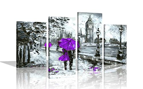 Leinwanddruck, gerahmt, Motiv: Paar mit violettem Regenschirm in London, moderne Kunst, romantische Bilder, 4-teiliges Dekor für Geschenk, Büro, Wohnzimmer, flach, 170 x 101 cm von Artley Prints