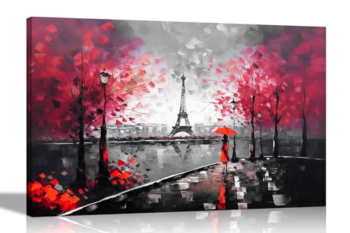 Schwarz-Weiß-Allein in Paris rote bunte Leinwand-Wandkunst für Wohnzimmer – gerahmte abstrakte Bilder zum Aufhängen im Schlafzimmer, Flur, 76 x 50 cm von Artley Prints