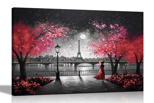 Schwarz-Weiß allein bei Nacht in Paris rot abstrakte Leinwand Wandkunst: Bunte Drucke für Wohnzimmer – fertig zum Aufhängen, zeitgenössischer Stil, 76 x 50 cm von Artley Prints