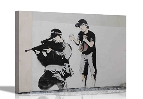 Wandbild von Banksy "Sniper And Boy" auf Leinwand, gerahmt, Graffiti-Wandkunst, Schlafzimmer, Kinder, lustiges Kunstwerk, 76 x 50 cm von Artley Prints