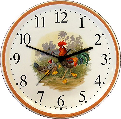 Hahn mit Küken auf Bauernhof goße runde artline Motiv Uhr Quarz Wanduhr breiter Braunrand handgemalt von Artline