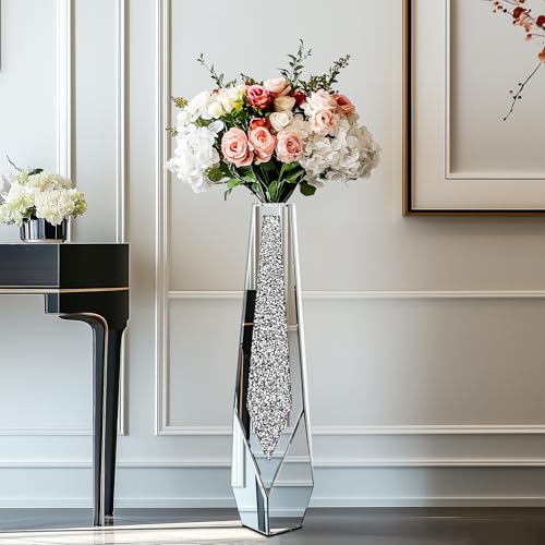 Artloge Bodenvase Große 85cm Hoch: Silberne Vase Kristall für Pampasgras, Glas verspiegelte Diamanten Blumenvase, rutschfeste Vasen für Wohnzimmer Esszimmer Corner Büro– Kein Wasserhalt von Artloge