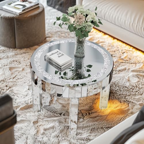 Artloge Beistelltisch Rund Wohnzimmertisch Kristall Ø60cm, Silber Kaffeetisch Runder Sofatisch Glas Diamant Modern Luxus Glastisch für Wohnzimmer 60×60×50 cm von Artloge