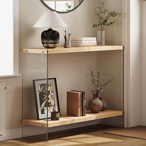 Artloge Konsolentisch Holz schmal rechteckig: Eingangstisch 100 x 30 x 76 cm mit 2 Ablagen, Beistelltisch mit gehärteten Glasbeinen, Flurtisch für kleinen Raum, Wohnzimmer, Flur, Büro von Artloge