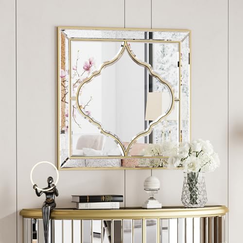 Artloge Wandspiegel Gold Eckig Flur Vintage, Wanddeko Spiegel Groß Geschliffen Wandspiegel mit Gold Rahmen für Wohnzimmer Schlafzimmer 60x60 cm von Artloge