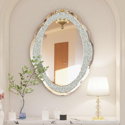 Artloge Wandspiegel Silber Glitzer Kristall Deko 80×60cm, Dekorative Wolkenform Wellenspiegel mit Metall Haken, Hochwertiger Badspiegel für Badezimmer Wohnzimmer Schlafzimmer von Artloge