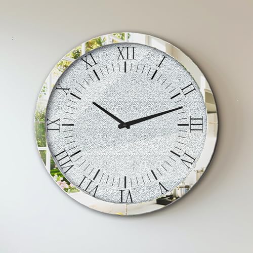 Artloge Wanduhr Modern Groß Kristall Uhren Deko, Voller Diamant Wohnzimmer Wanduhren ohne Tickgeräusche, Römische Ziffern Batteriebetrieben 60cm Uhren für Wohnzimmer, Schlafzimmer, Küchen Silber von Artloge