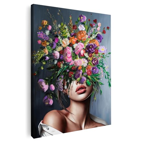 Artmazing | Blumen Frau Bild bunt | S-Art Bilder | Blumen Frau Bilder Modern | Coole Wandbilder Wohnzimmer | Wandbild Blumen Frau Deko XXL | Bild Leinwand XXL | Blumen Frau Bilder Wand von Artmazing