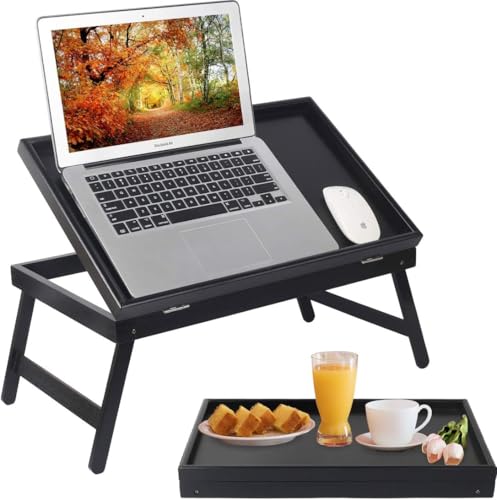 Artmeer Betttablett Tisch Frühstückstablett mit klappbaren Beinen Küche Serviertablett für Schoß Schreibtisch Notebook Computer Bettplatten TV Snack Tablett Verstellbar (Schwarz) von Artmeer