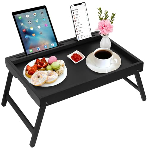 Frühstückstablett mit Griffen, zusammenklappbare Beine, Bambus-Betttablett mit Medien-Schlitz, faltbares Tablett, Laptop-Schreibtisch, Snacks, TV-Bett Tablett Küche Servierplatten Tablett (schwarz) von Artmeer