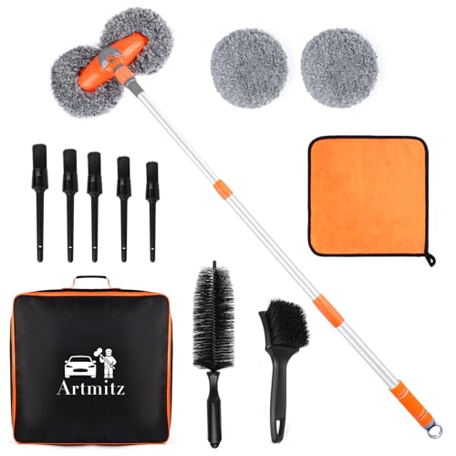 Artmitz 11-teiliges Autowaschbürsten-Set mit einziehbarem 47-Zoll-Aluminiumgriff, 2 Moppköpfen, kratzfreies Reinigungswerkzeug für Autos, LKWs, SUVs von Artmitz