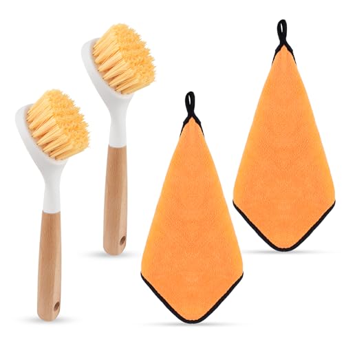 Artmitz 4-teiliges Spülbürstenset mit Holzgriff, Mikrofaser-Reinigungstücher, Spülbürsten für Pfannen, Töpfe, Reinigung von Küchenspülen von Artmitz