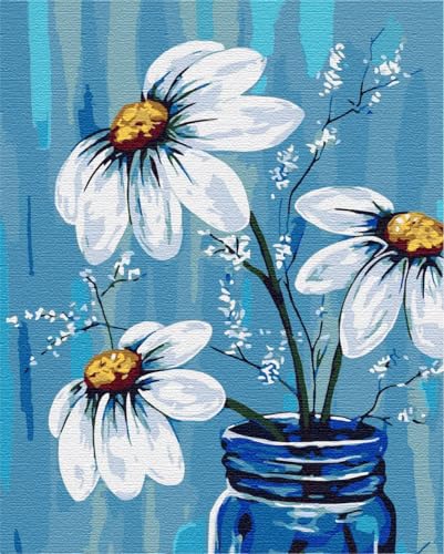 Artnapi Malen nach Zahlen Erwachsene mit Rahmen | DIY Handgemalt | Blumen - Kamille auf blauem Hintergrund | Kit für Anfänger und Erwachsene | Set inklusive Acrylfarben & Pinsel | 40x50cm Leinwand von Artnapi
