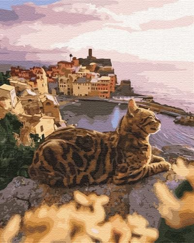 Artnapi Malen nach Zahlen Erwachsene mit Rahmen | DIY Handgemalt | Tiere - Katze am Meer | Kit für Anfänger und Erwachsene | Set inklusive Acrylfarben & Pinsel | 40x50cm Leinwand | Ideal als Geschenk von Artnapi