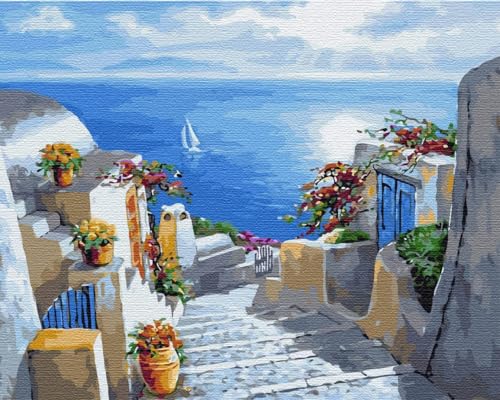 Artnapi Malen nach Zahlen Erwachsene mit Rahmen | DIY Handgemalt | Treppe zum Meer | Kit für Anfänger und Erwachsene | Set inklusive Acrylfarben & Pinsel | 40x50cm Leinwand | Ideal als Geschenk von Artnapi