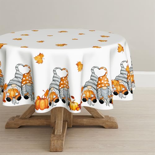 Artoid Mode Ahornblätter Kürbisse Gnom Herbst Tischdecke Rund 120 cm, Saisonnal Fleckschutz Tischwäsche Küche Dekoration Party Dekor von Artoid Mode