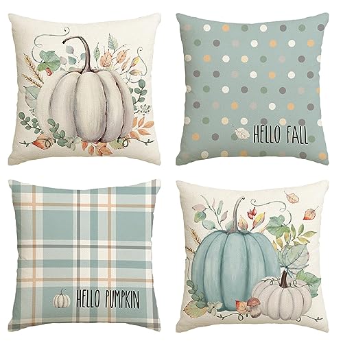 Artoid Mode Aquarell Eukalyptus Blätter Streifen Kürbisse Herbst Kissenbezüge 4er Set, 40x40 cm Zierkissenbezug Cushion Cover Couch Wohnzimmer Deko von Artoid Mode