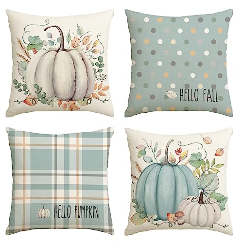 Artoid Mode Aquarell Eukalyptus Blätter Streifen Kürbisse Herbst Kissenbezüge 4er Set, 45x45 cm Zierkissenbezug Cushion Cover Couch Wohnzimmer Deko von Artoid Mode