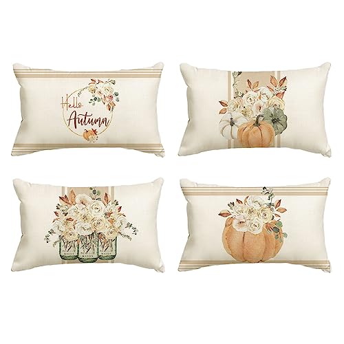 Artoid Mode Aquarell Kürbisse Vase Streifen Blumen Herbst Kissenbezüge 4er Set, 30x50 cm Zierkissenbezug Cushion Cover Couch Wohnzimmer Deko von Artoid Mode