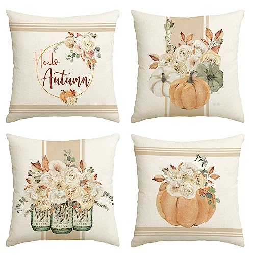 Artoid Mode Aquarell Kürbisse Vase Streifen Blumen Herbst Kissenbezüge 4er Set, 50x50 cm Zierkissenbezug Cushion Cover Couch Wohnzimmer Deko von Artoid Mode